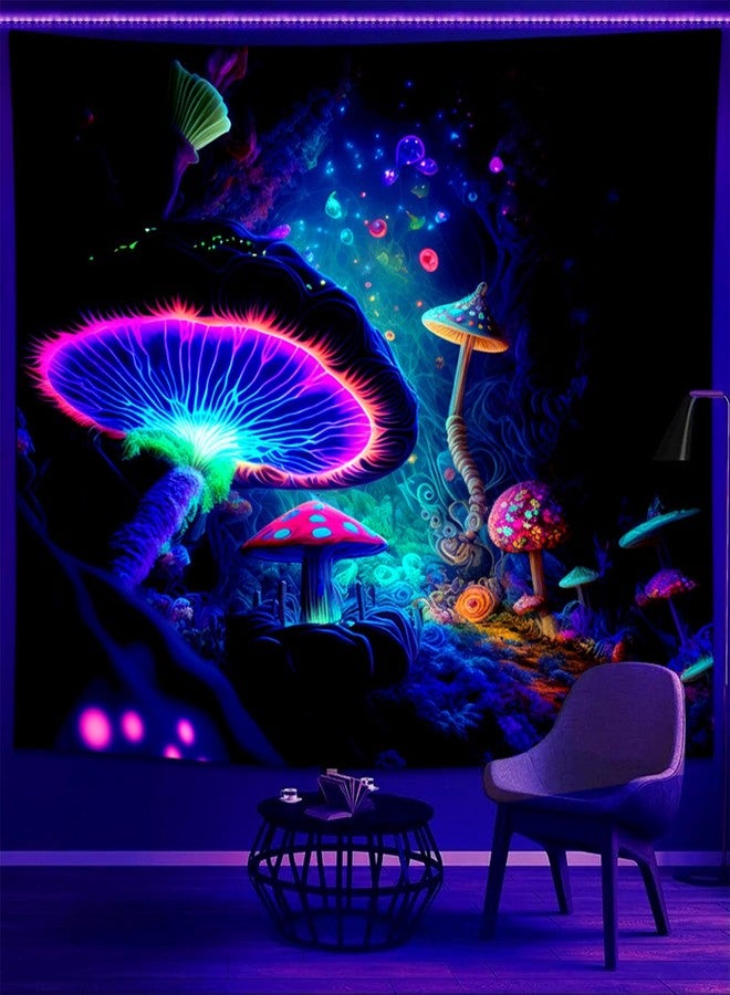 TUGCAY Blacklight Mushroom Tapestry Glow In The Dark Fantasy Forest Tapestry UV Reactive Magic Tapestries Wall Hanging Decor for Bedroom Dorm Living Room (35" x 47") - Image 1
